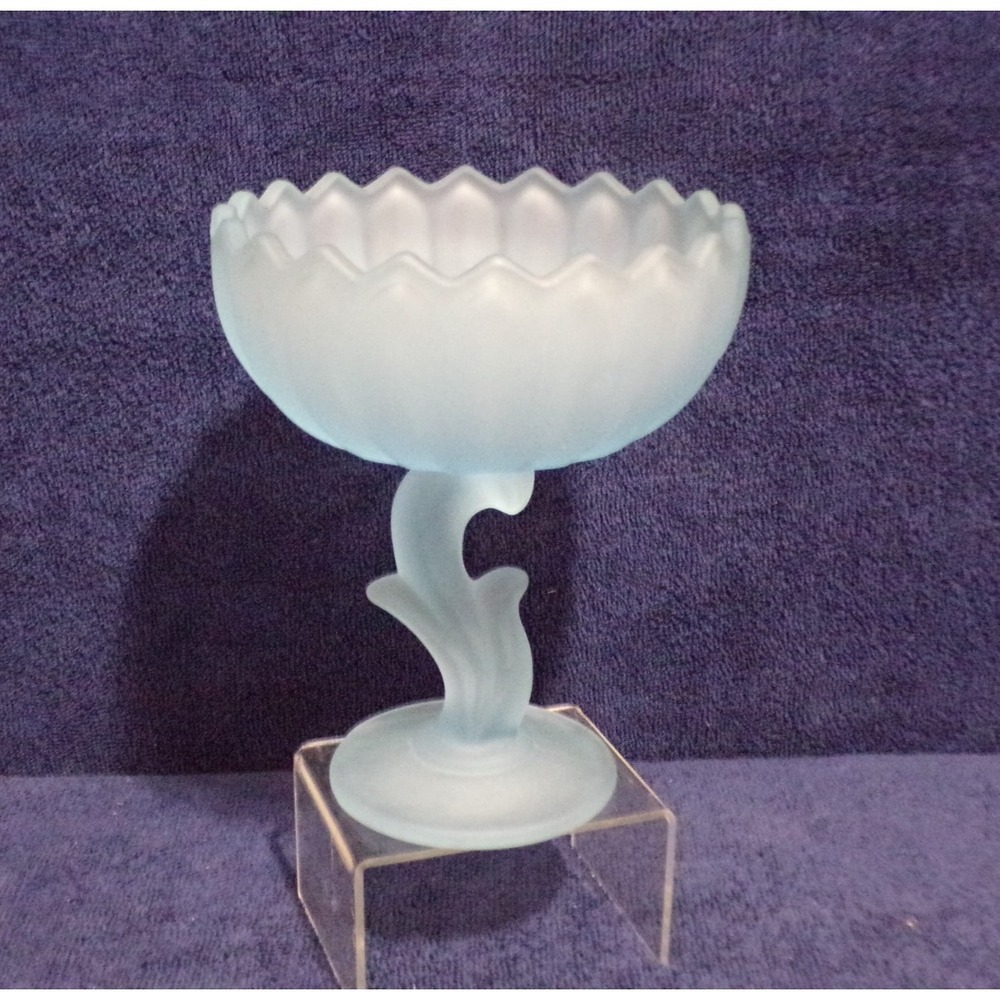 Vintage Indiana Glass Frosted Pale Blue Satin Candy Compote Dish on Pedestal